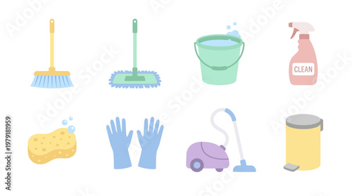 A vector set of cleaning tools and supplies including a broom, mop, bucket, gloves, and vacuum for household chores and maintenance.