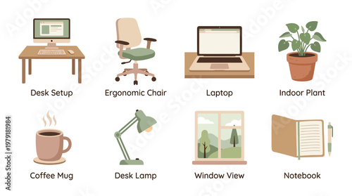 A vector set of office workspace essentials including a desk setup with ergonomic chair laptop indoor plant coffee mug desk lamp and notebook on a tidy worktable indoors.