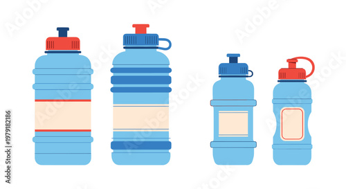 Set of blue plastic water bottles in different sizes and designs with red caps for sports, fitness, and hydration concepts.