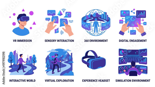 A vector set of modern virtual reality experiences with people interacting in a simulated environment with digital engagement and sensory interaction.