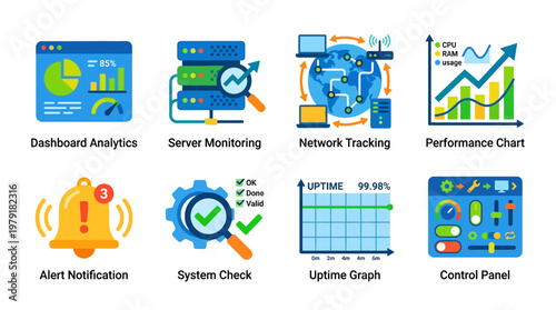 A vector set of dashboard analytics icons featuring server monitoring, network tracking, and performance charts for system control and alert notifications.