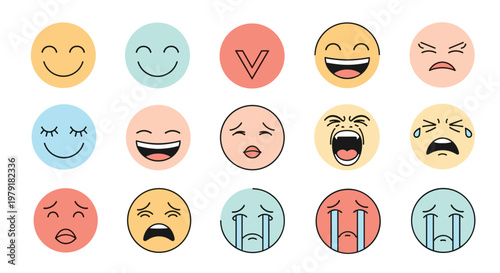 Grid of colorful circular emoji faces expressing various emotions from happiness and laughter to sadness and crying.