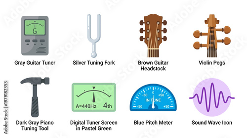 Vector set of music tuning tools and instrument parts including guitar tuner, tuning fork, headstock, violin pegs, piano tool, digital tuner screen, pitch meter, and sound wave icon.