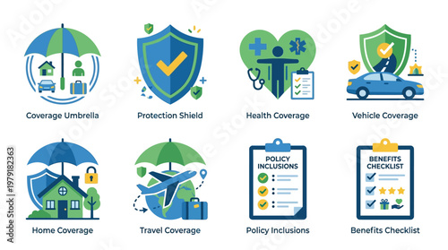 A vector set of various insurance icons depicting protection and coverage, including umbrellas, shields, and checklists, for business and travel policies.