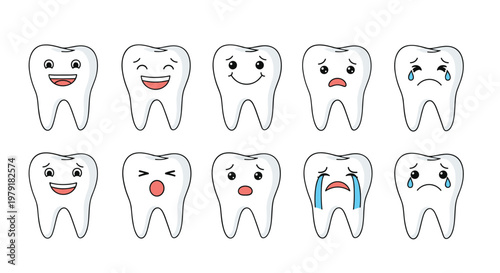 Comprehensive set of cartoon human teeth characters expressing various emotions including happiness, sadness, pain and crying.
