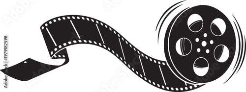 "Film reel with unwinding strip silhouette vector illustration symbolizing cinema and classic filmmaking"