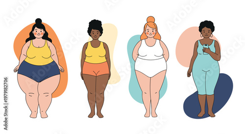 Illustration of diverse women with different body shapes and ethnicities wearing colorful swimwear and lingerie.