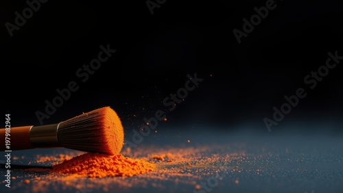 orange powder and makeup brush on dark background