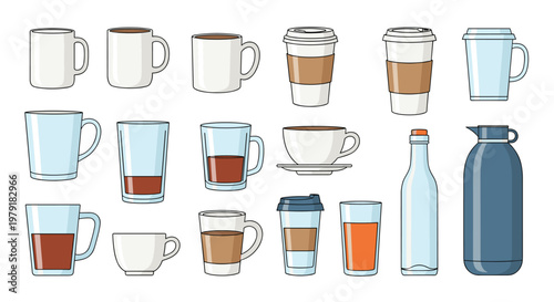 Assorted drinkware collection featuring various ceramic mugs, glass cups with liquids, a bottle and a thermos.