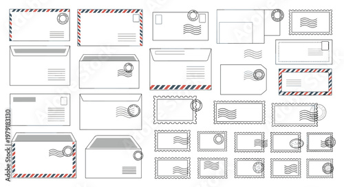 Comprehensive postal collection featuring various envelopes, letters, postcards and decorative postage stamps.