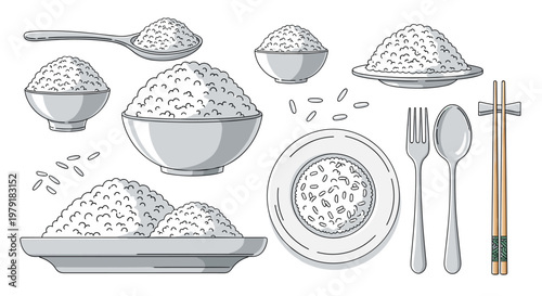 Collection of white rice served in bowls and on plates accompanied by a spoon, fork, and traditional chopsticks.