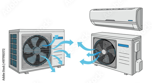 Illustration of residential air conditioning systems including outdoor compressors and indoor wall mounted units.