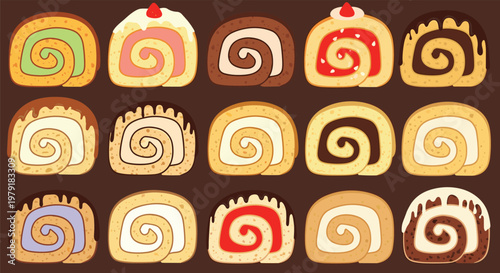 Delicious variety of swiss roll cake slices with assorted colorful fruit, rich chocolate and sweet cream fillings.