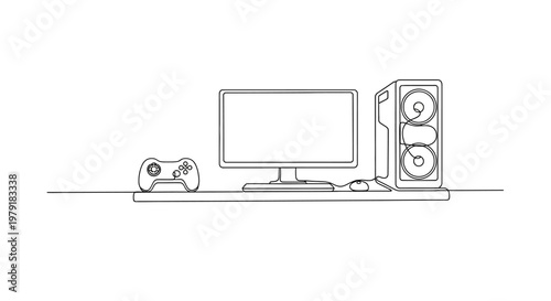 Gaming computer setup with monitor, tower, and controller on a shelf, minimalist line art