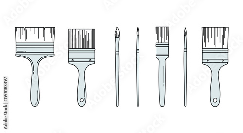 Assorted collection of artist paint brushes in various sizes and views for creative work and home renovation.