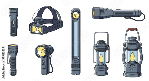 Collection of portable lighting equipment including diverse flashlights, a headlamp and camping lanterns.