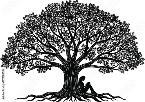 Large oak tree silhouette with sprawling branches and roots featuring a young woman sitting comfortably underneath reading a book in nature