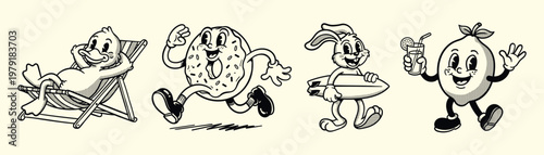 Vector illustration collection pack set of retro groovy cartoon character. retro mascot cartoon characters, groovy cartoons vintage rubber hose style