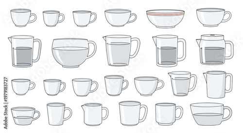 Comprehensive collection of white ceramic and glass kitchenware featuring mugs, cups, bowls and measuring jugs.