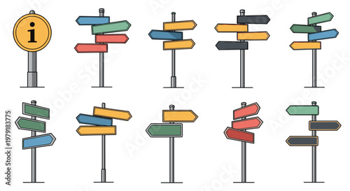 Variety of colorful directional road signs and information posts with multiple arrows for navigation and wayfinding.