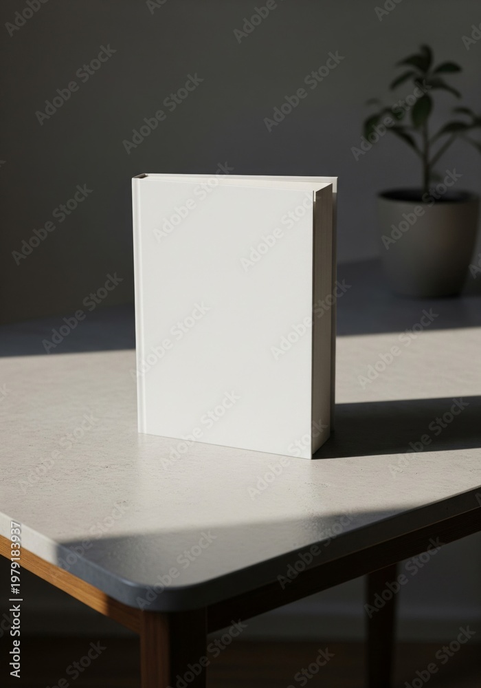 Fototapeta premium White Rectangular Block on Tabletop with Indoor Plant in Background