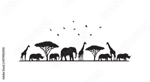 A herd of wildlife animals walking together in a grassy field under a clear sky