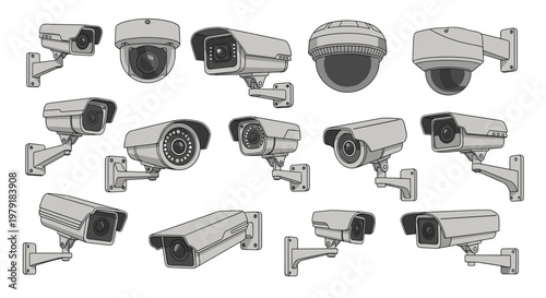 Extensive collection of security surveillance cameras in different styles for safety monitoring and protection.