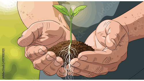 Hands Holding Soil With Growing Plant Sapling Roots, Green Business Growth Concept