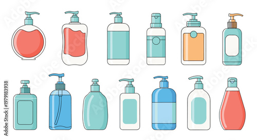 Collection of colorful liquid soap and lotion dispenser bottles in various shapes and designs for hygiene and personal care products.