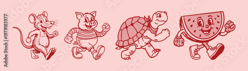 Vector illustration collection pack set of retro groovy cartoon character. retro mascot cartoon characters, groovy cartoons vintage rubber hose style