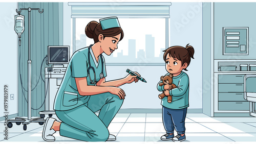 Pediatric Nurse Comforting Child Patient in Hospital Room | Healthcare Illustration