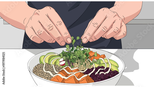 Healthy Food Prep - Chef Garnishing Delicious Bowl, Fresh Ingredients, Culinary Art