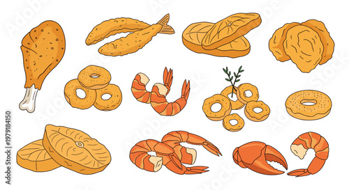 Selection of crispy fried foods including chicken drumsticks, fish fillets, shrimp, and onion rings for fast food and restaurant menus.