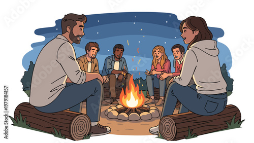 Diverse friends & family enjoying campfire stories outdoors, night sky