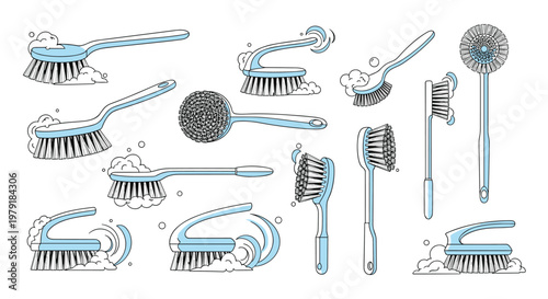 Selection of various cleaning brushes with blue handles and white bristles shown with soap suds for household chores and sanitizing tasks.