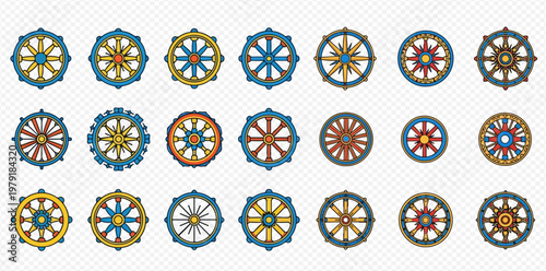 Set of colorful Dharma wheel symbols representing the Eightfold Path and Buddhist teachings.