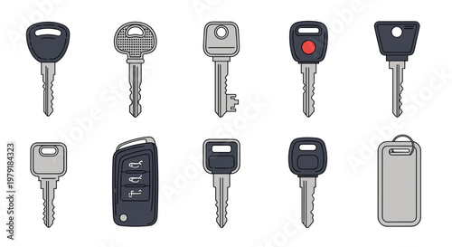 Diverse collection of metal keys and electronic car key fobs with remote buttons and security tags for home and vehicle access control.