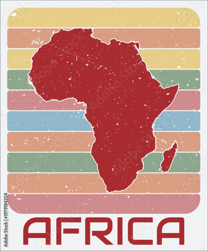 Africa vintage logo. Shape of the continent on retro colored stripes background. Africa map design with grunge scratch texture. Vector illustration.