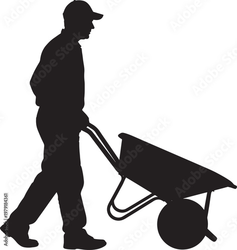 Construction worker pushing wheelbarrow silhouette manual labor vector illustration