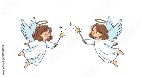 Adorable little girl angels with wings and halos flying toward each other while holding magic star wands on a white background.