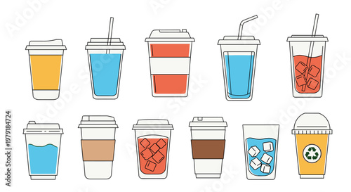 Set of various disposable and reusable drink containers for hot and cold beverages featuring cups with straws and ice cubes.