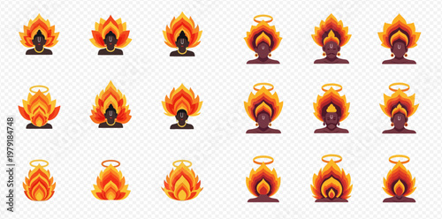 Set of vector illustrations featuring abstract fire and halo designs on a transparent background.