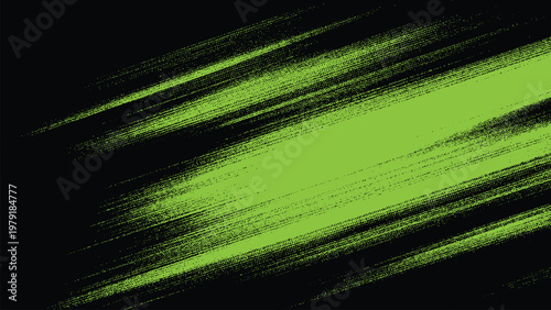 Green abstract diagonal streaks on black background with halftone effect dynamic motion blur texture