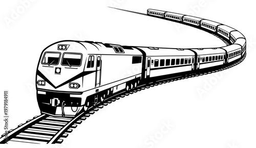 Passenger train engine leading railway cars through curved track perspective transport vector graphic
