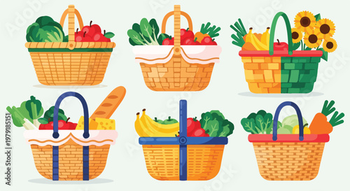 Six wicker baskets full of vegetables.