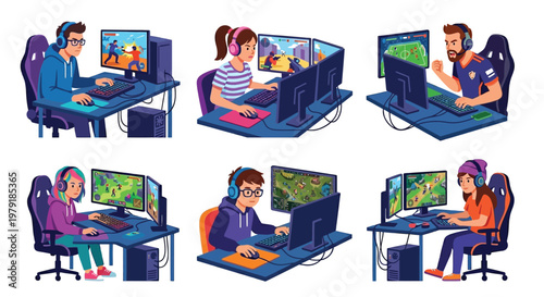 Diverse group of people enthusiastically engaged in competitive video gaming setups