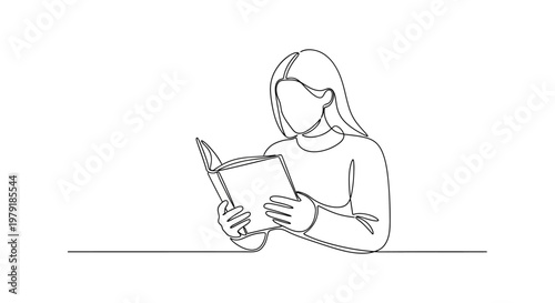 Woman reading a book, continuous line drawing, minimalist style, focus on learning and knowledge