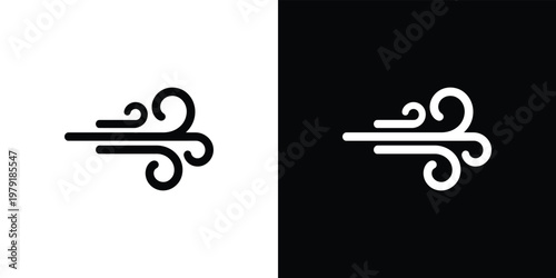 Stylized Wind Icon with Swirling Air Currents on White and Black Backgrounds