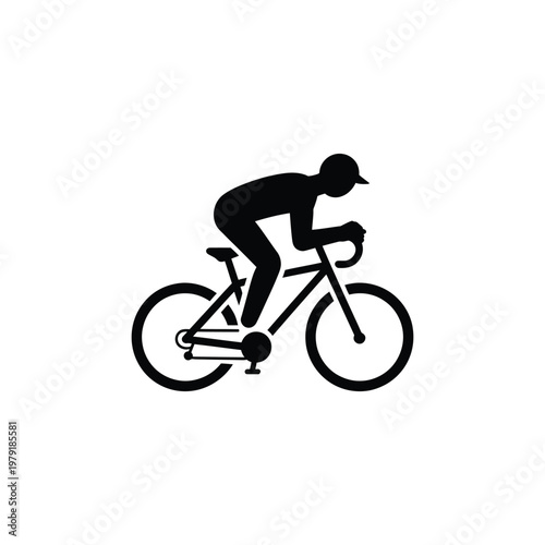 Cyclist Silhouette Riding Bike with Cap on Transparent Background Icon, Sport Action