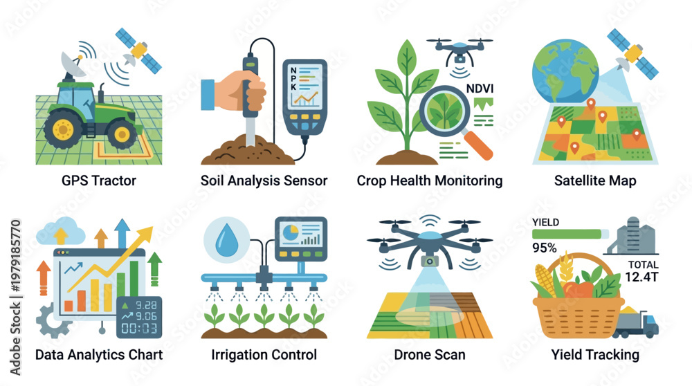 Fototapeta premium Agricultural vector set illustrating modern farming technology with GPS tractor, soil sensor, crop monitoring, satellite map, data chart, irrigation control, drone scan, and yield tracking tools.